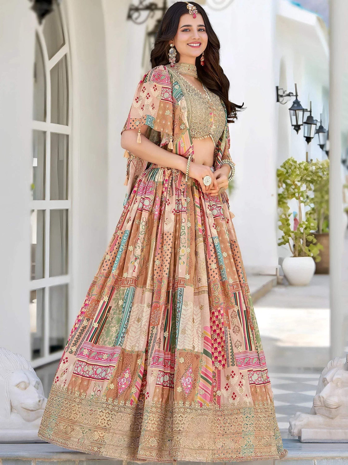 Tulsi Art Lavishing Beige Chinon Silk Zari Embroidered Lehenga Choli