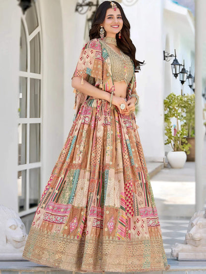 Tulsi Art Lavishing Beige Chinon Silk Zari Embroidered Lehenga Choli