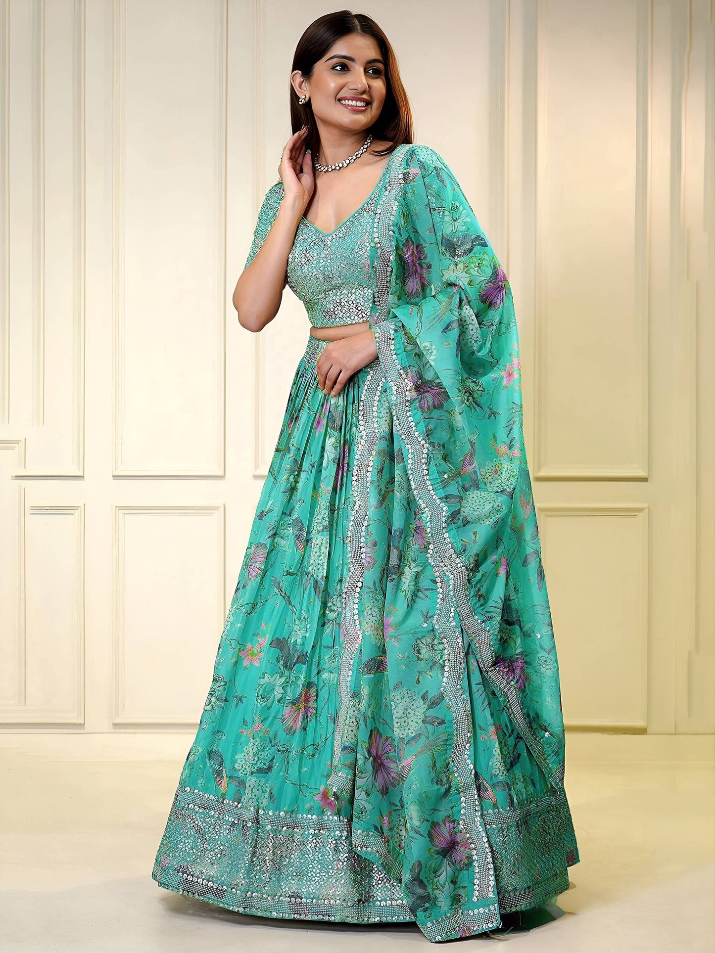 Tulsi Art Winning Turquoise Sequins Organza Reception Wear Lehenga Choli