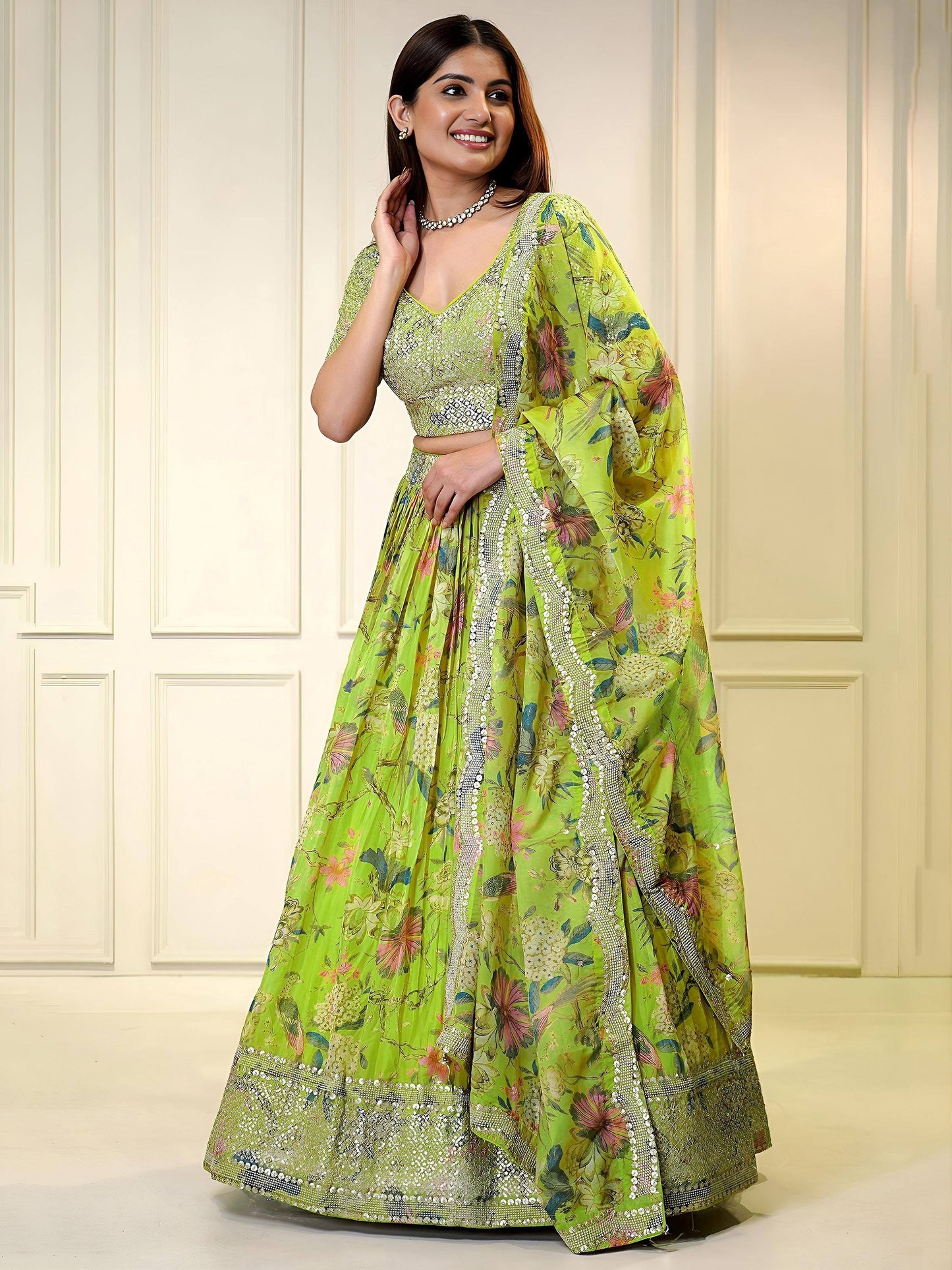 Tulsi Art Charming Neon Green Sequins Organza Function Wear Lehenga Choli
