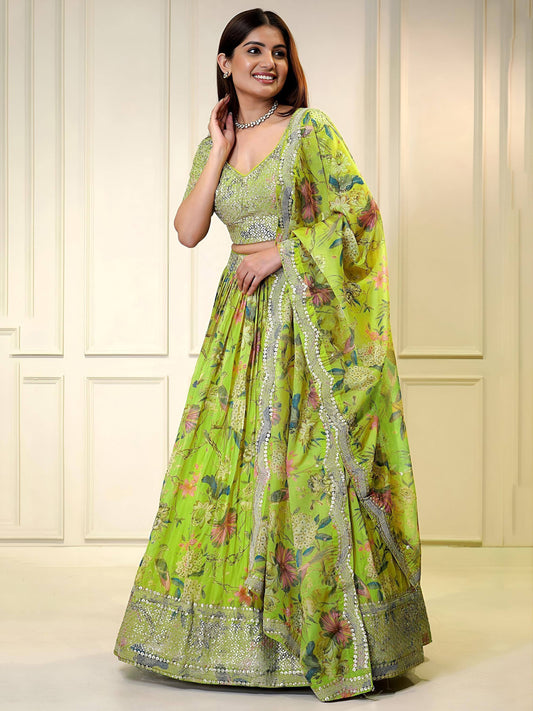 Tulsi Art Charming Neon Green Sequins Organza Function Wear Lehenga Choli