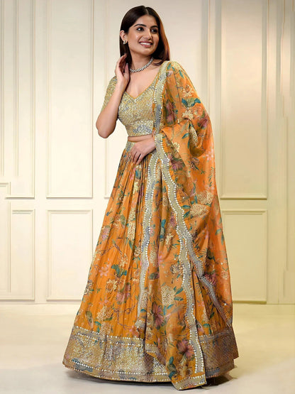 Tulsi Art Amazing Orange Color Sequins Organza Event Wear Lehenga Choli