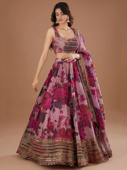 Tulsi Art Adorable Pink Floral Printed Organza Bridesmaid Lehenga Choli