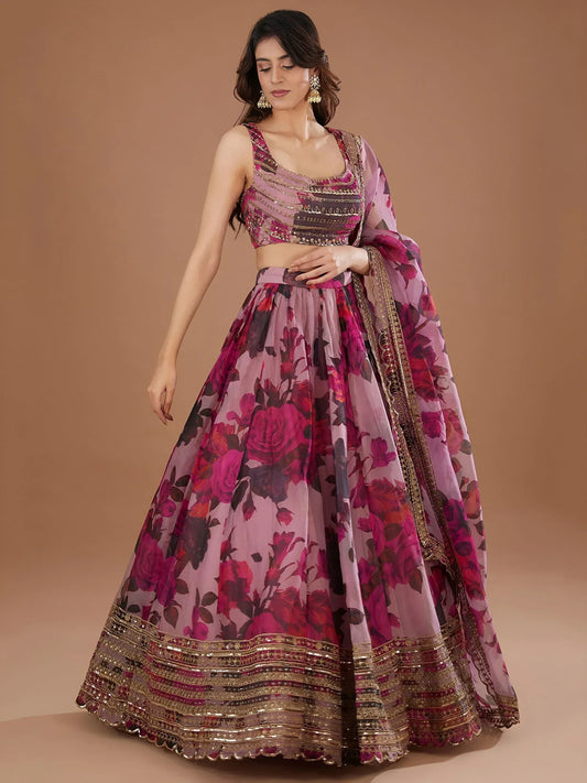 Tulsi Art Adorable Pink Floral Printed Organza Bridesmaid Lehenga Choli