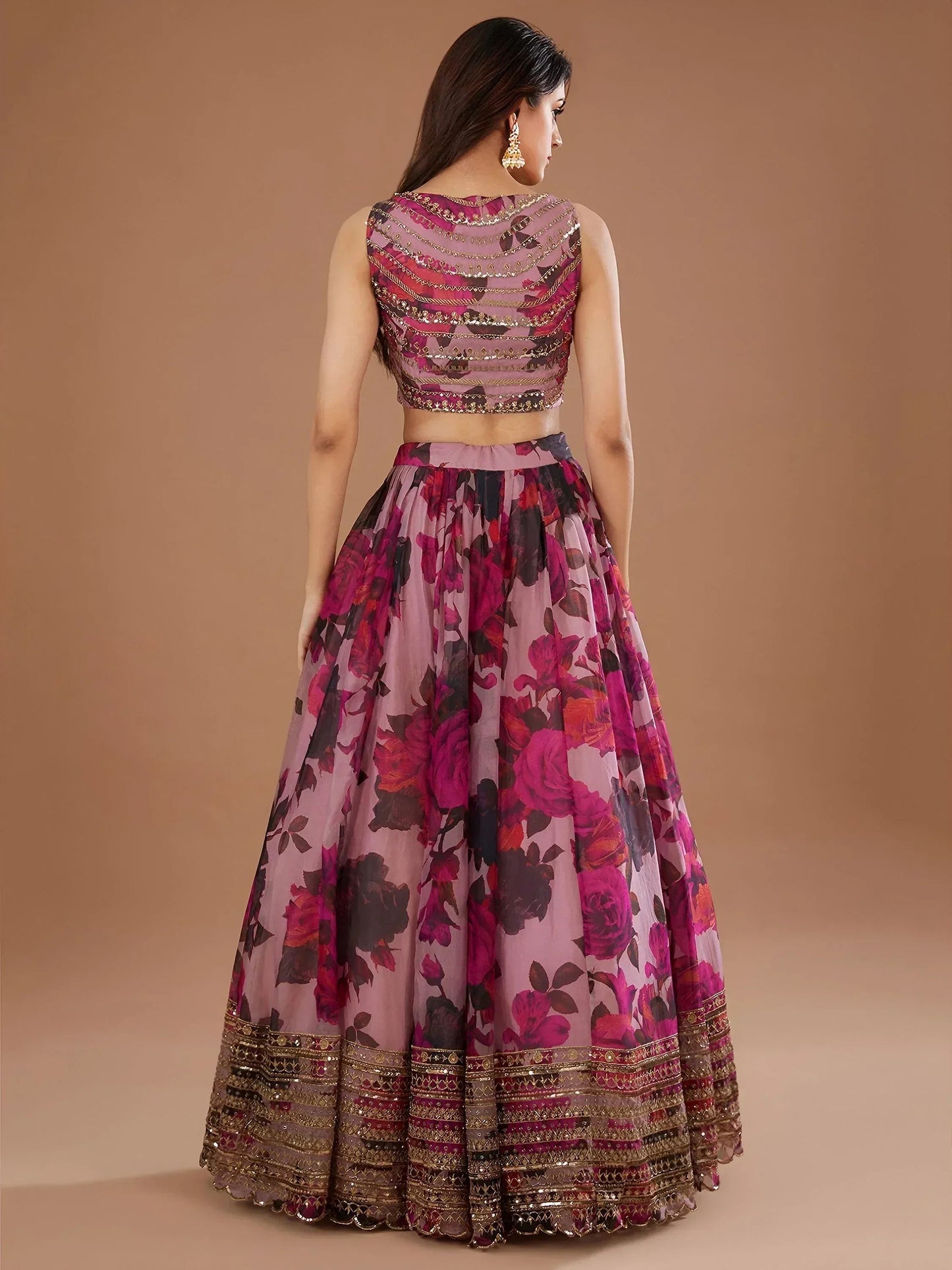 Tulsi Art Adorable Pink Floral Printed Organza Bridesmaid Lehenga Choli
