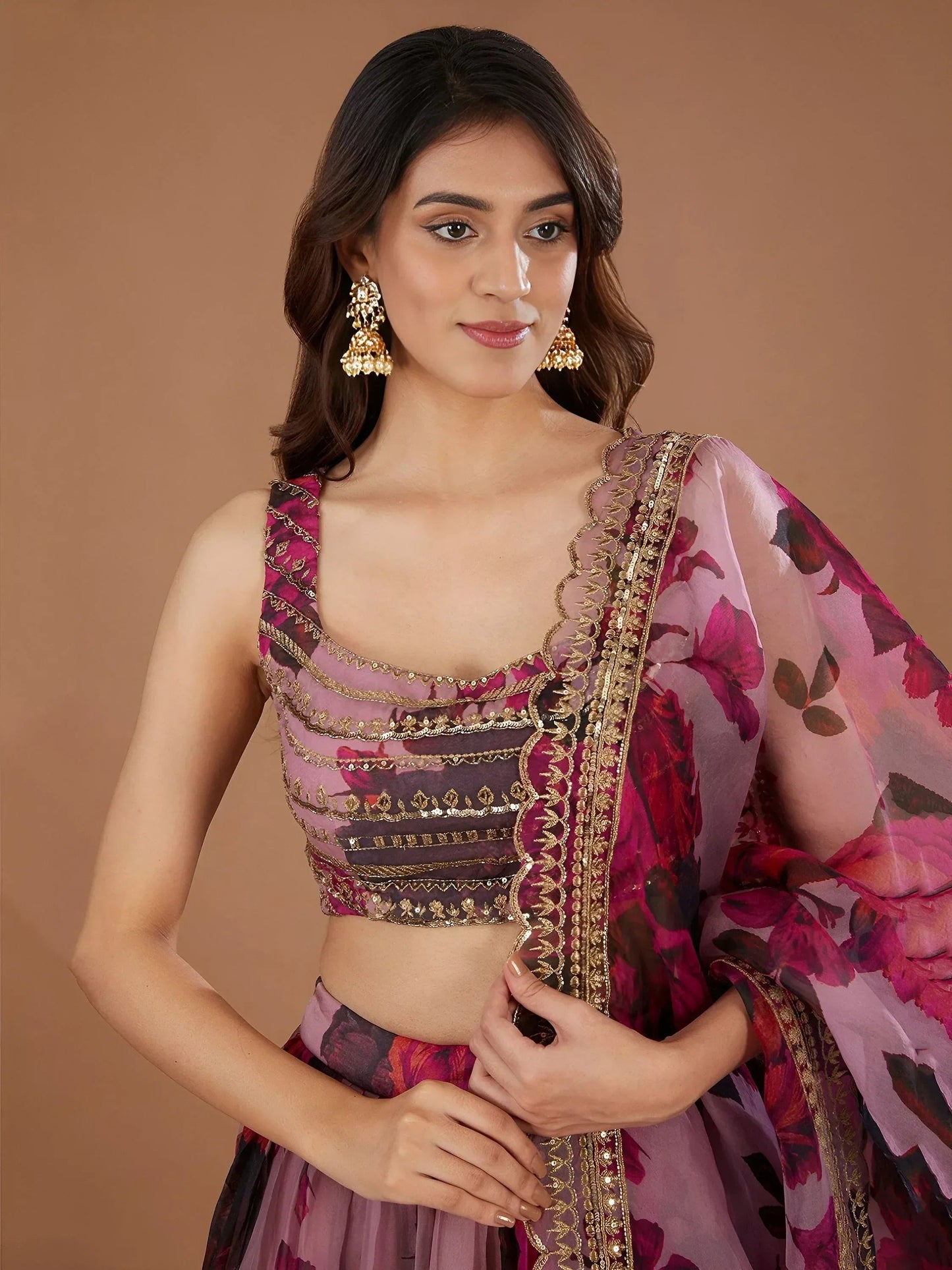 Tulsi Art Adorable Pink Floral Printed Organza Bridesmaid Lehenga Choli