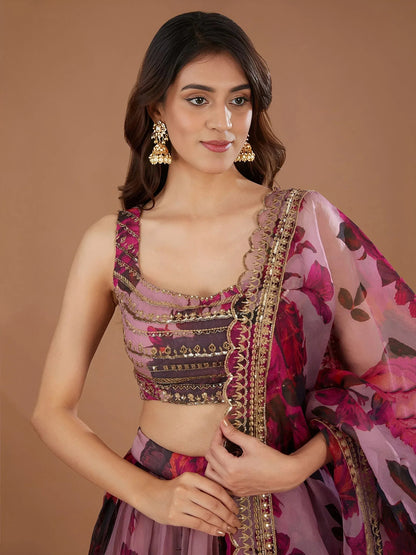 Tulsi Art Adorable Pink Floral Printed Organza Bridesmaid Lehenga Choli