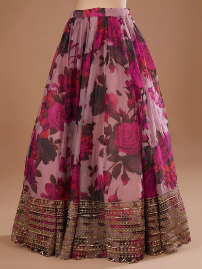 Tulsi Art Adorable Pink Floral Printed Organza Bridesmaid Lehenga Choli