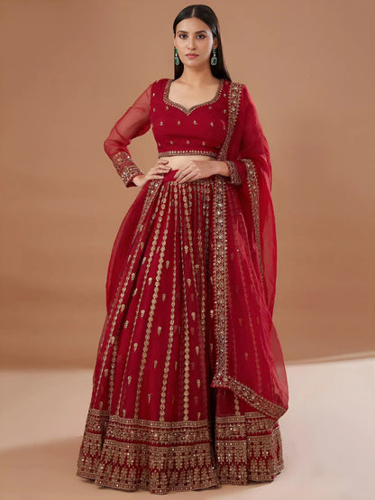 Tulsi Art Fantastic Red Zari Embroidered Organza Wedding Lehenga Choli