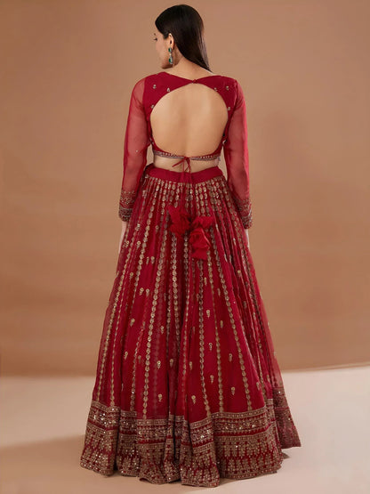 Tulsi Art Fantastic Red Zari Embroidered Organza Wedding Lehenga Choli
