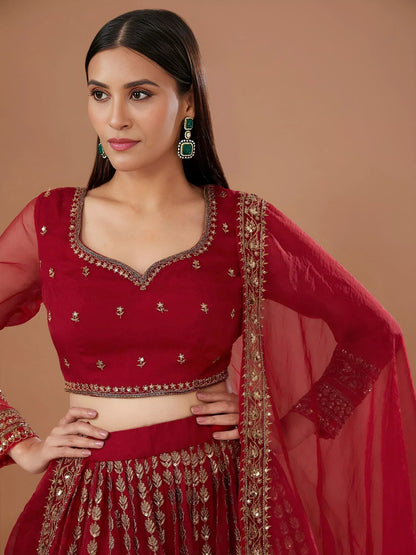 Tulsi Art Fantastic Red Zari Embroidered Organza Wedding Lehenga Choli