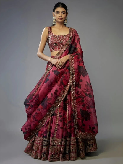 Tulsi Art Gorgeous Coral Pink Floral Printed Organza Sangeet Wear Lehenga Choli