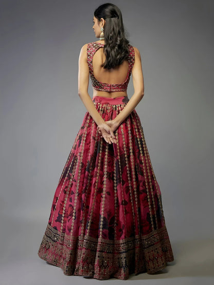 Tulsi Art Gorgeous Coral Pink Floral Printed Organza Sangeet Wear Lehenga Choli