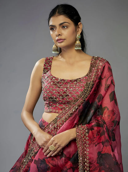Tulsi Art Gorgeous Coral Pink Floral Printed Organza Sangeet Wear Lehenga Choli