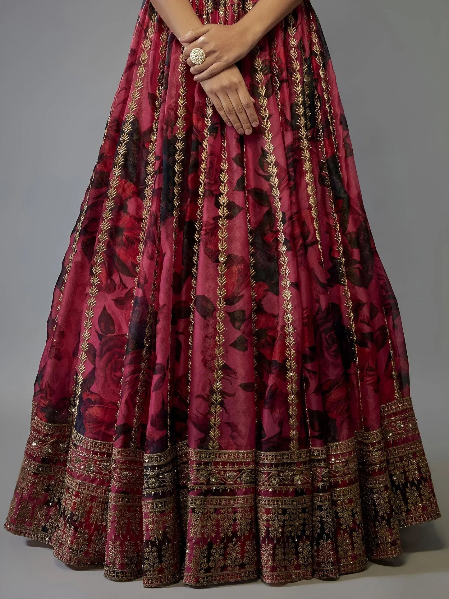 Tulsi Art Gorgeous Coral Pink Floral Printed Organza Sangeet Wear Lehenga Choli