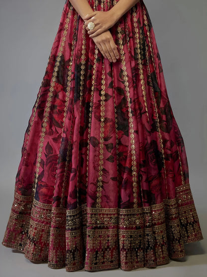 Tulsi Art Gorgeous Coral Pink Floral Printed Organza Sangeet Wear Lehenga Choli