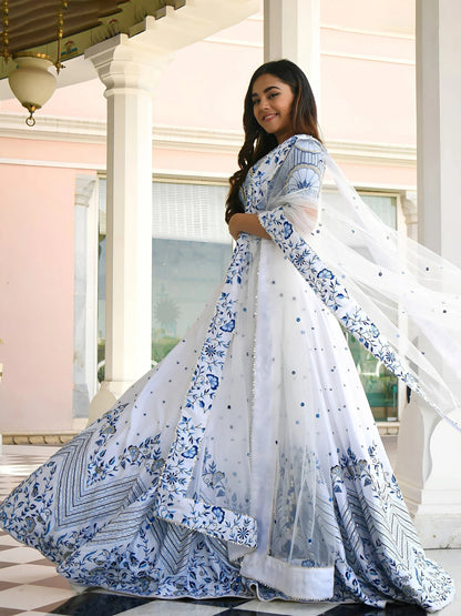 Tulsi Art Fantastic White Thread Work Satin Sangeet Wear Lehenga Choli