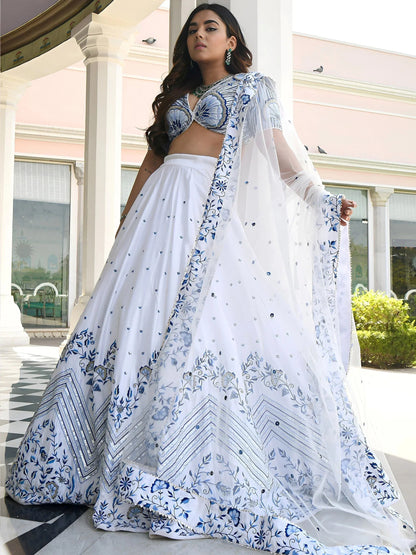 Tulsi Art Fantastic White Thread Work Satin Sangeet Wear Lehenga Choli