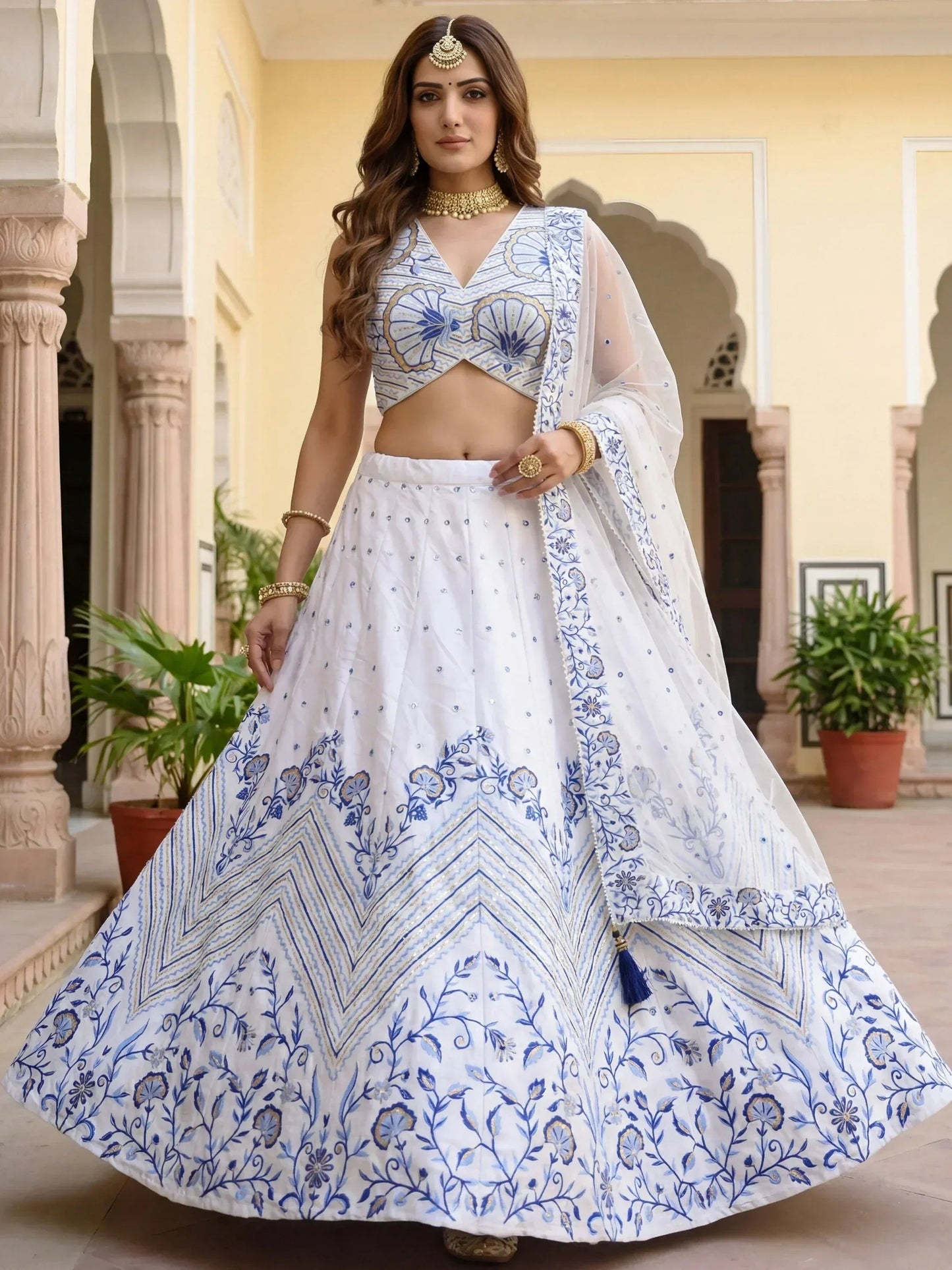 Tulsi Art Awesome White Embroidered Satin Sangeet Wear Lehenga Choli