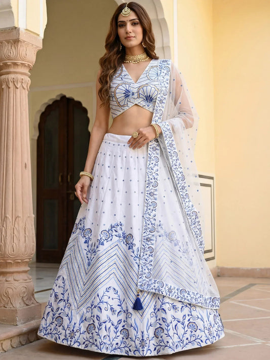 Tulsi Art Awesome White Embroidered Satin Sangeet Wear Lehenga Choli