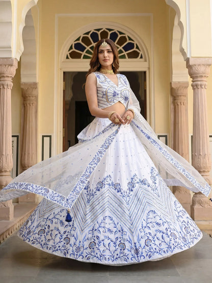 Tulsi Art Awesome White Embroidered Satin Sangeet Wear Lehenga Choli