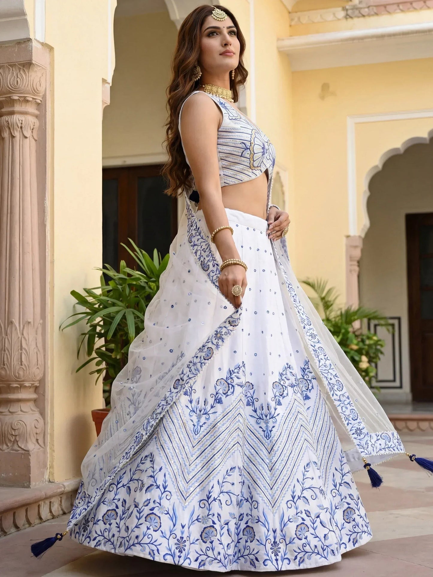 Tulsi Art Awesome White Embroidered Satin Sangeet Wear Lehenga Choli