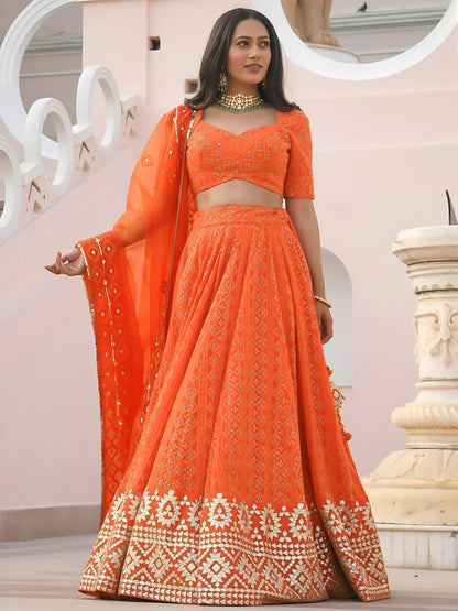 Tulsi Art Pretty Orange Sequins Georgette Sangeet Wear Lehenga Choli