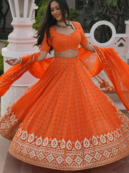 Tulsi Art Pretty Orange Sequins Georgette Sangeet Wear Lehenga Choli