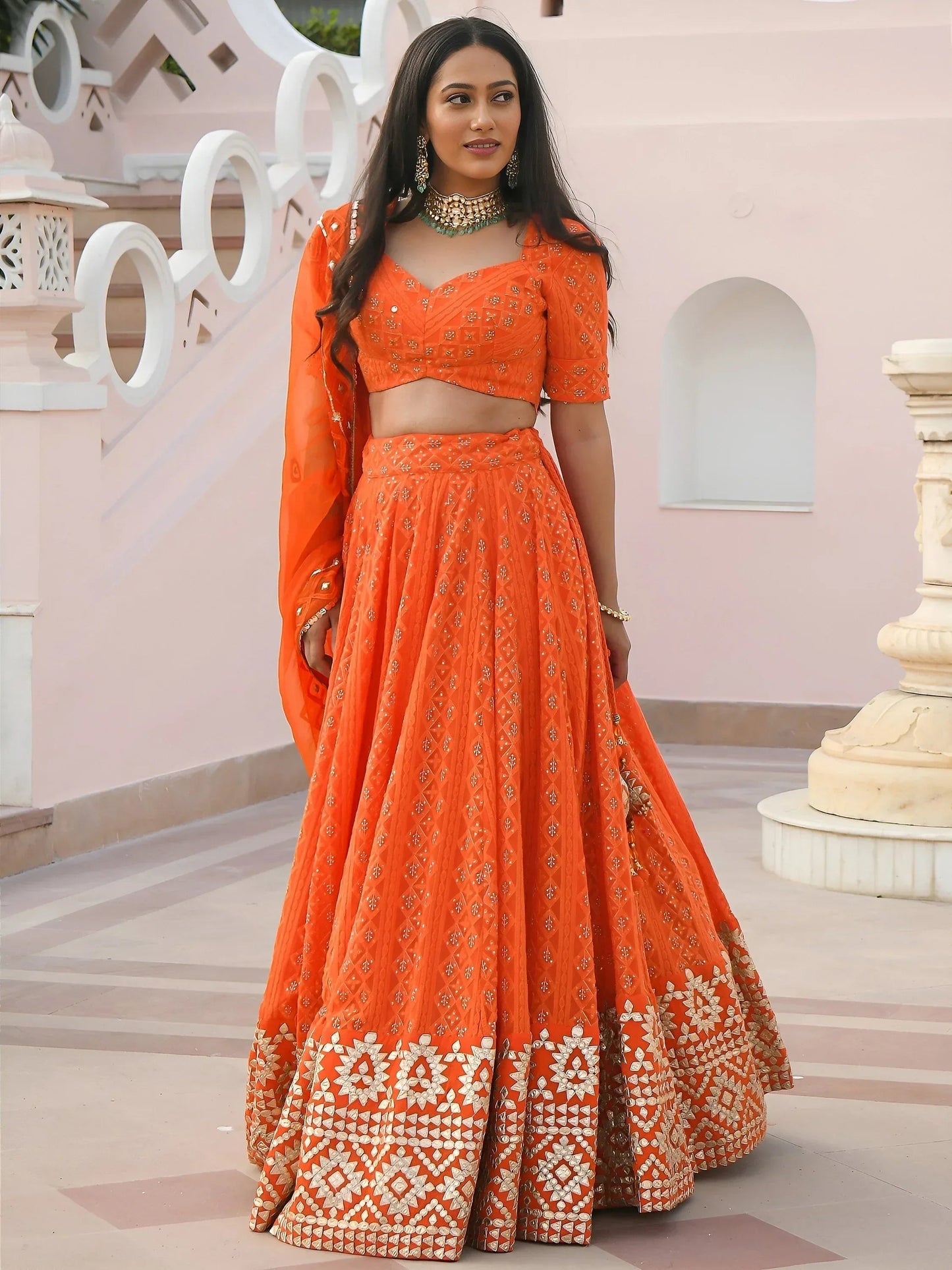 Tulsi Art Pretty Orange Sequins Georgette Sangeet Wear Lehenga Choli