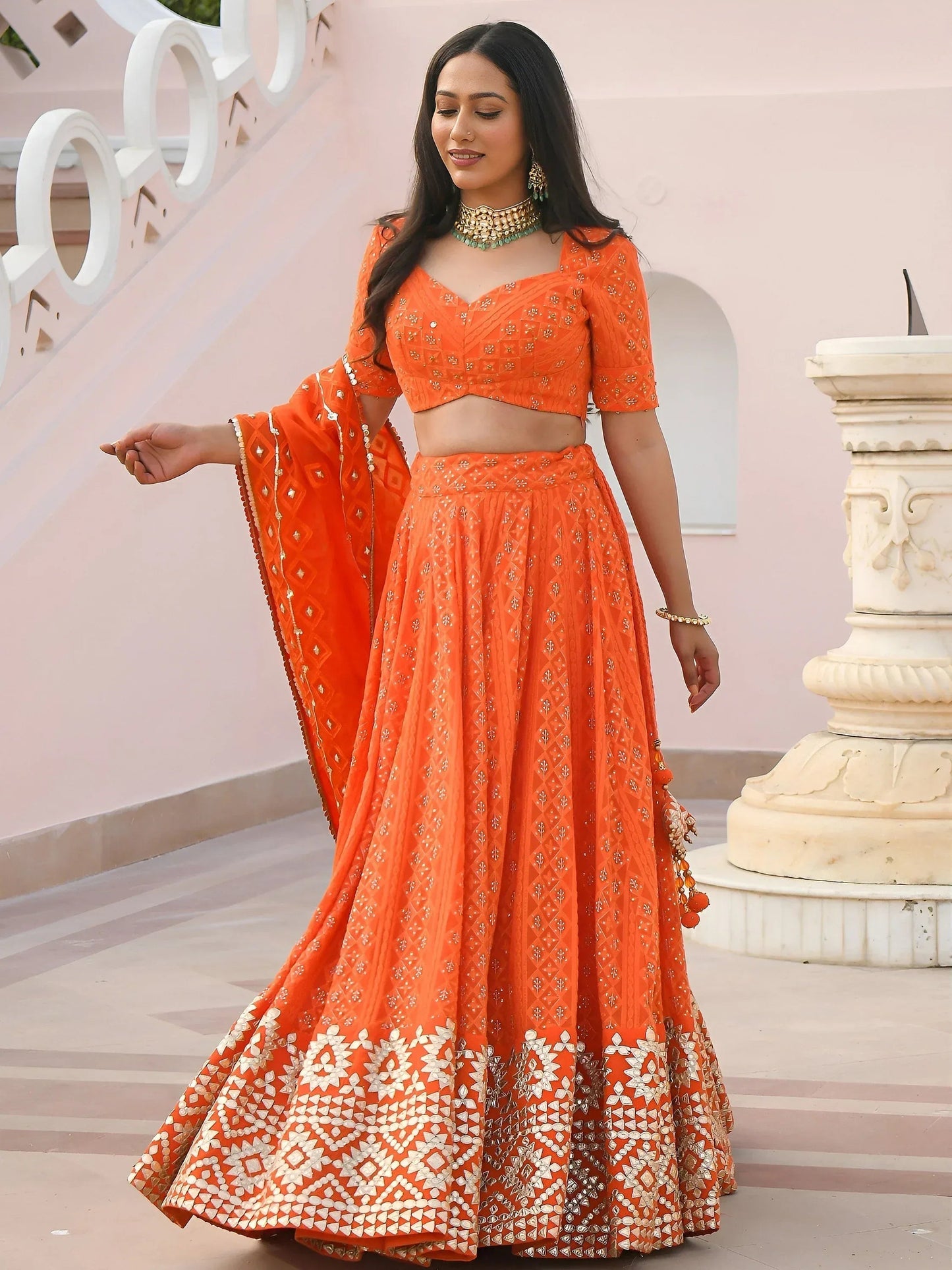 Tulsi Art Pretty Orange Sequins Georgette Sangeet Wear Lehenga Choli