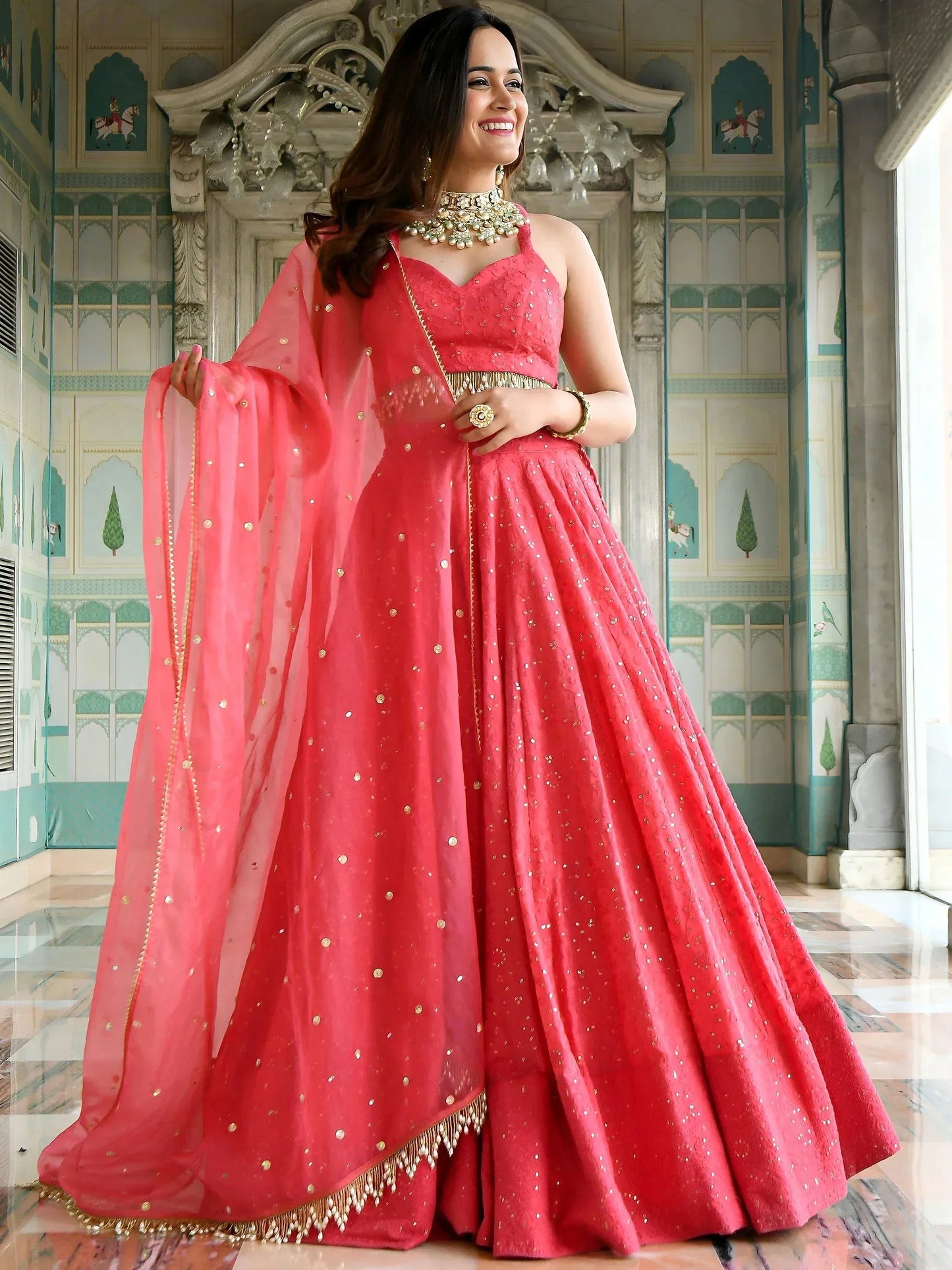 Tulsi Art Lovely Pink Sequins Embroidered Georgette Wedding Wear Lehenga Choli