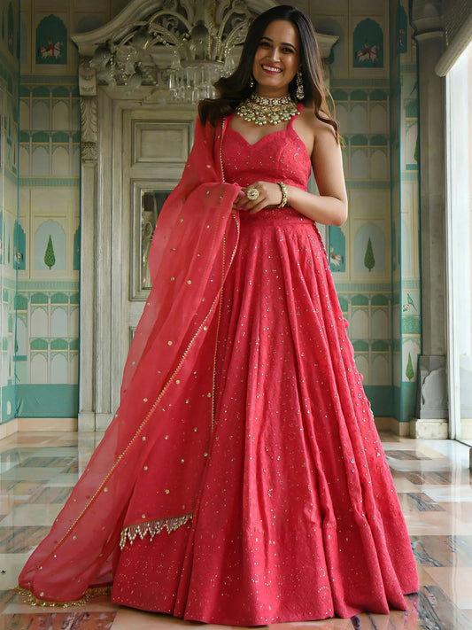 Tulsi Art Lovely Pink Sequins Embroidered Georgette Wedding Wear Lehenga Choli