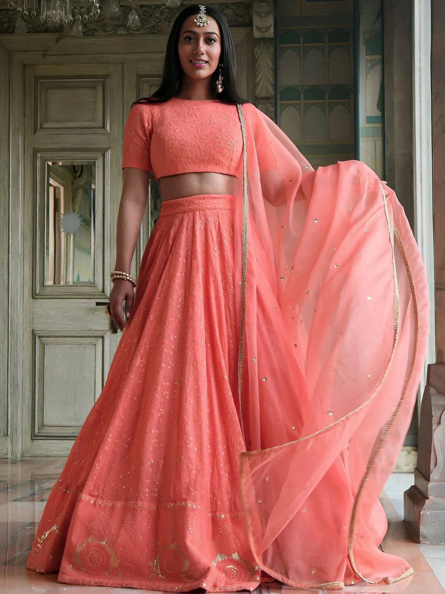 Tulsi Art Amazing Peach Thread Embroidered Monochrome Bridesmaid Lehenga Choli