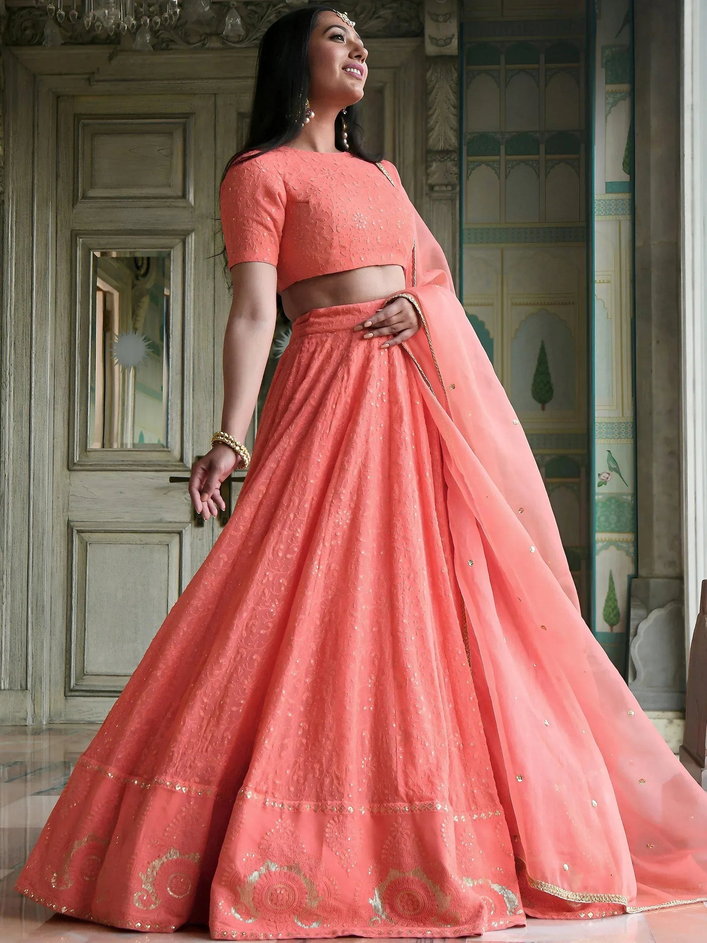 Tulsi Art Amazing Peach Thread Embroidered Monochrome Bridesmaid Lehenga Choli