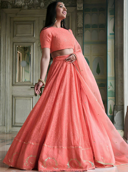Tulsi Art Amazing Peach Thread Embroidered Monochrome Bridesmaid Lehenga Choli