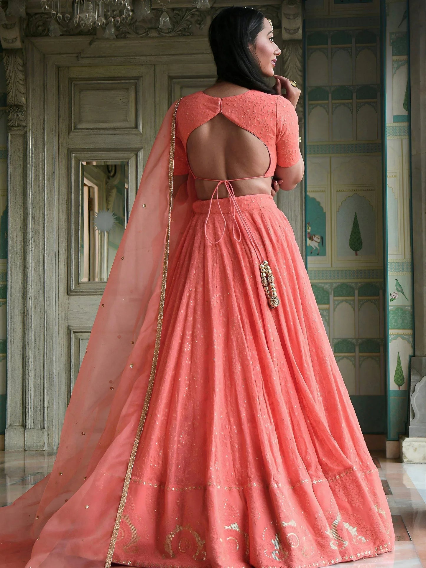 Tulsi Art Amazing Peach Thread Embroidered Monochrome Bridesmaid Lehenga Choli