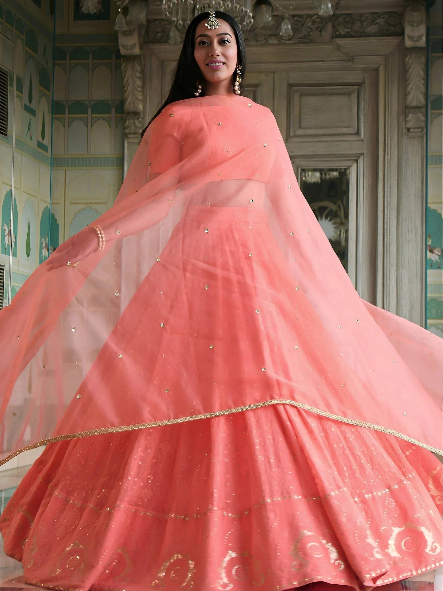 Tulsi Art Amazing Peach Thread Embroidered Monochrome Bridesmaid Lehenga Choli