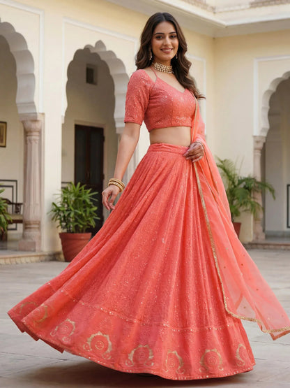 Tulsi Art Impressive Peach Embroidered Georgette Festival Wear Lehenga Choli