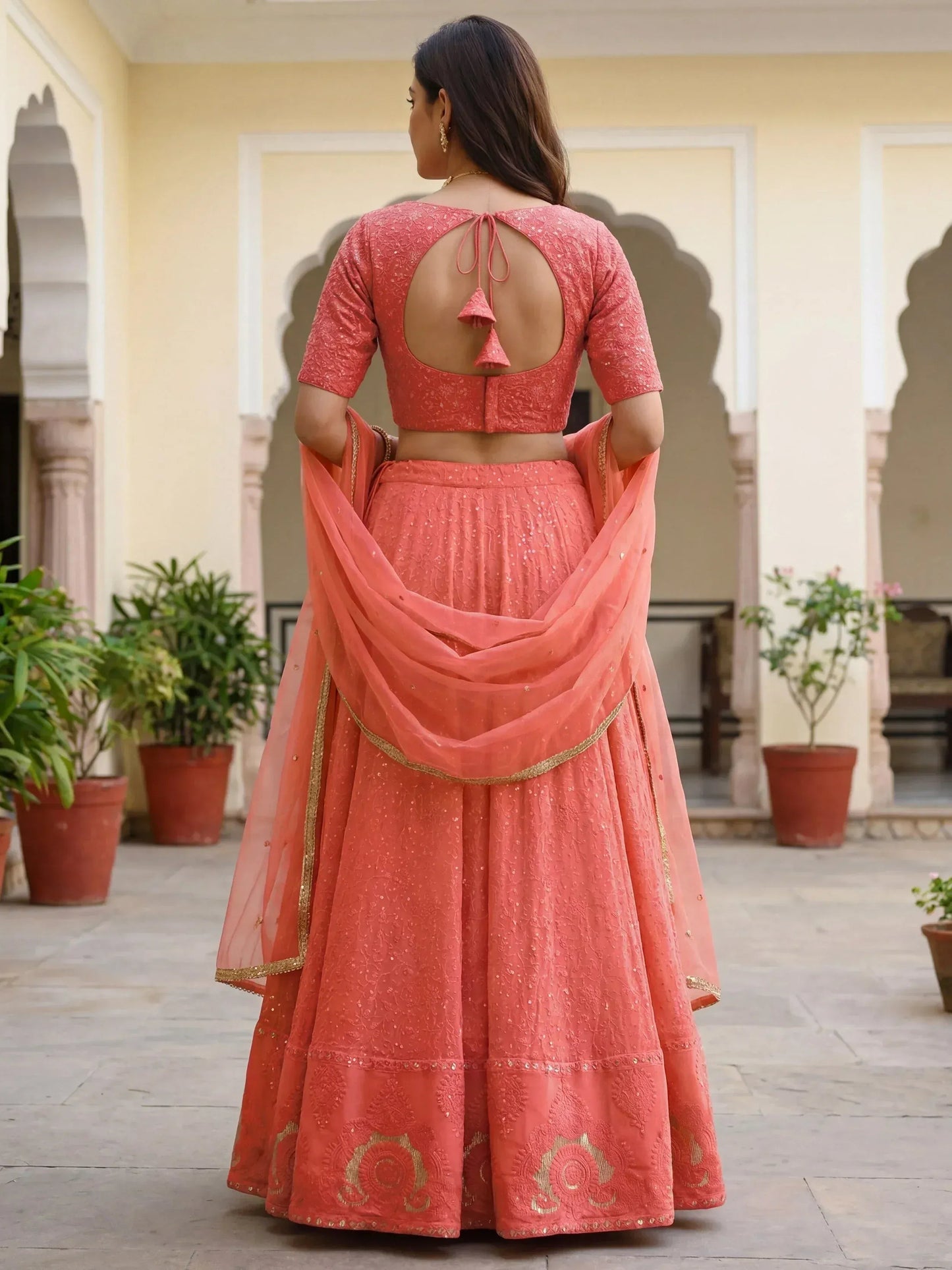 Tulsi Art Impressive Peach Embroidered Georgette Festival Wear Lehenga Choli