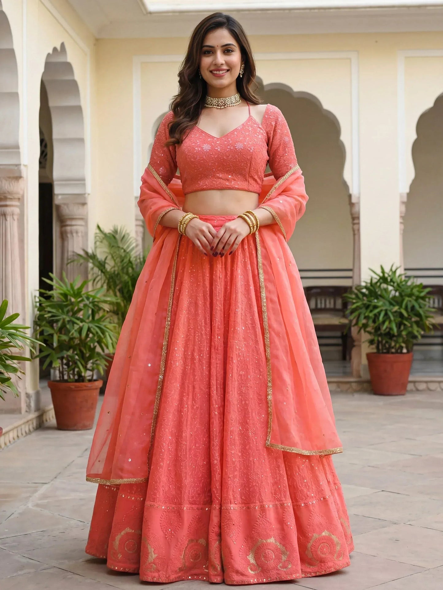 Tulsi Art Impressive Peach Embroidered Georgette Festival Wear Lehenga Choli