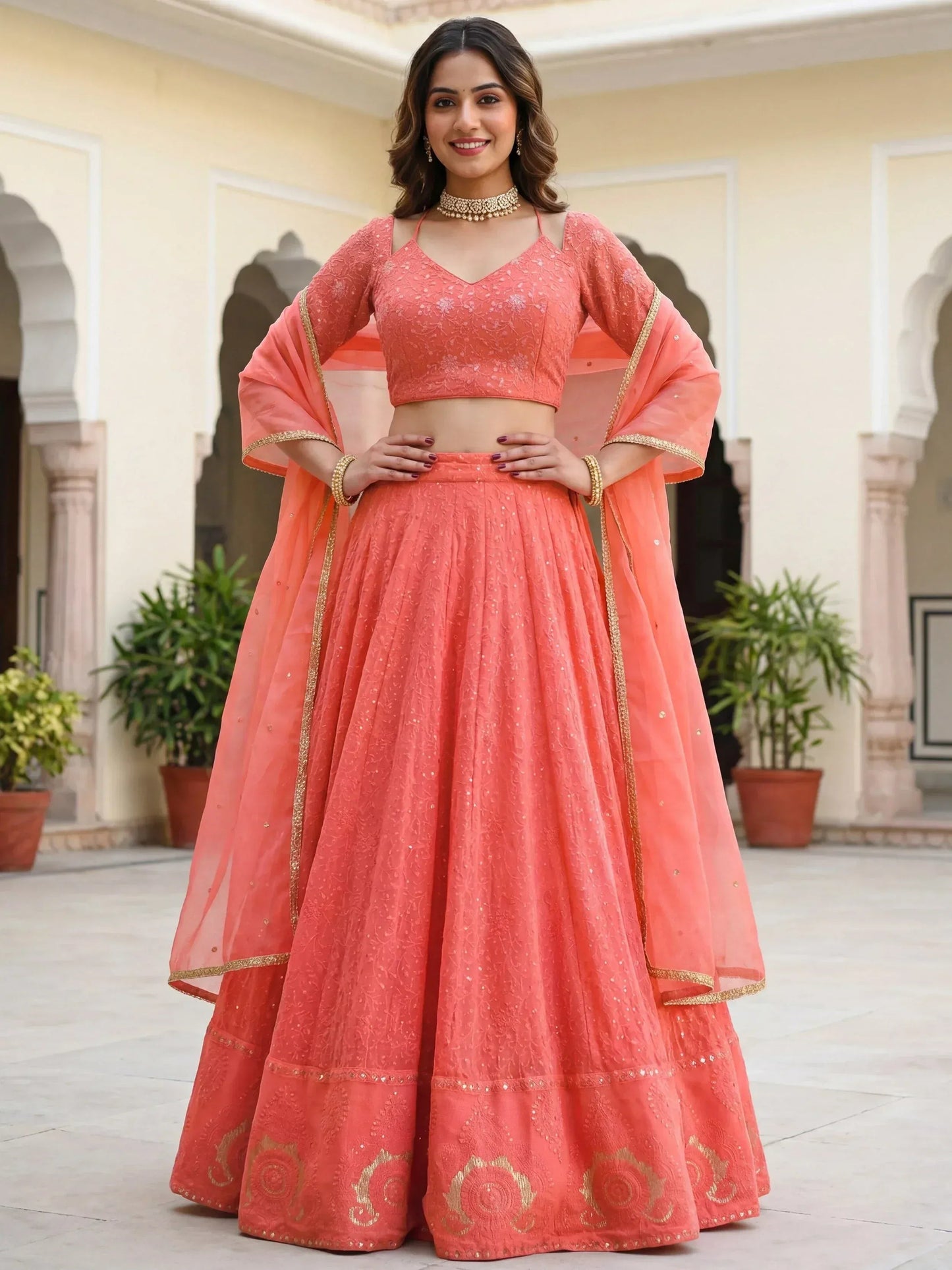 Tulsi Art Impressive Peach Embroidered Georgette Festival Wear Lehenga Choli