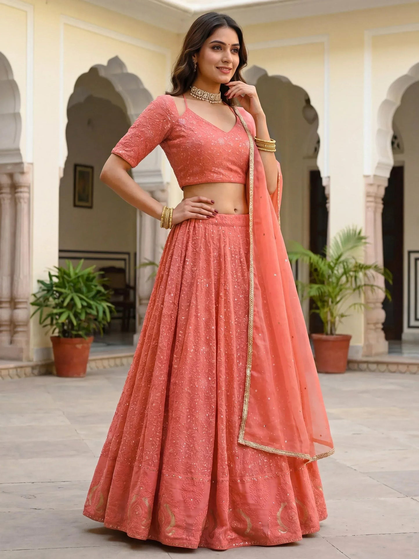 Tulsi Art Impressive Peach Embroidered Georgette Festival Wear Lehenga Choli