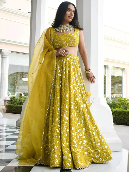 Tulsi Art Stunning Yellow Thread Embroidered Georgette Wedding Lehenga Choli