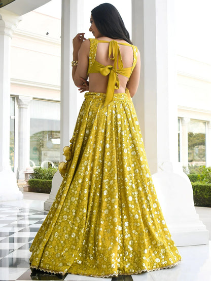 Tulsi Art Stunning Yellow Thread Embroidered Georgette Wedding Lehenga Choli
