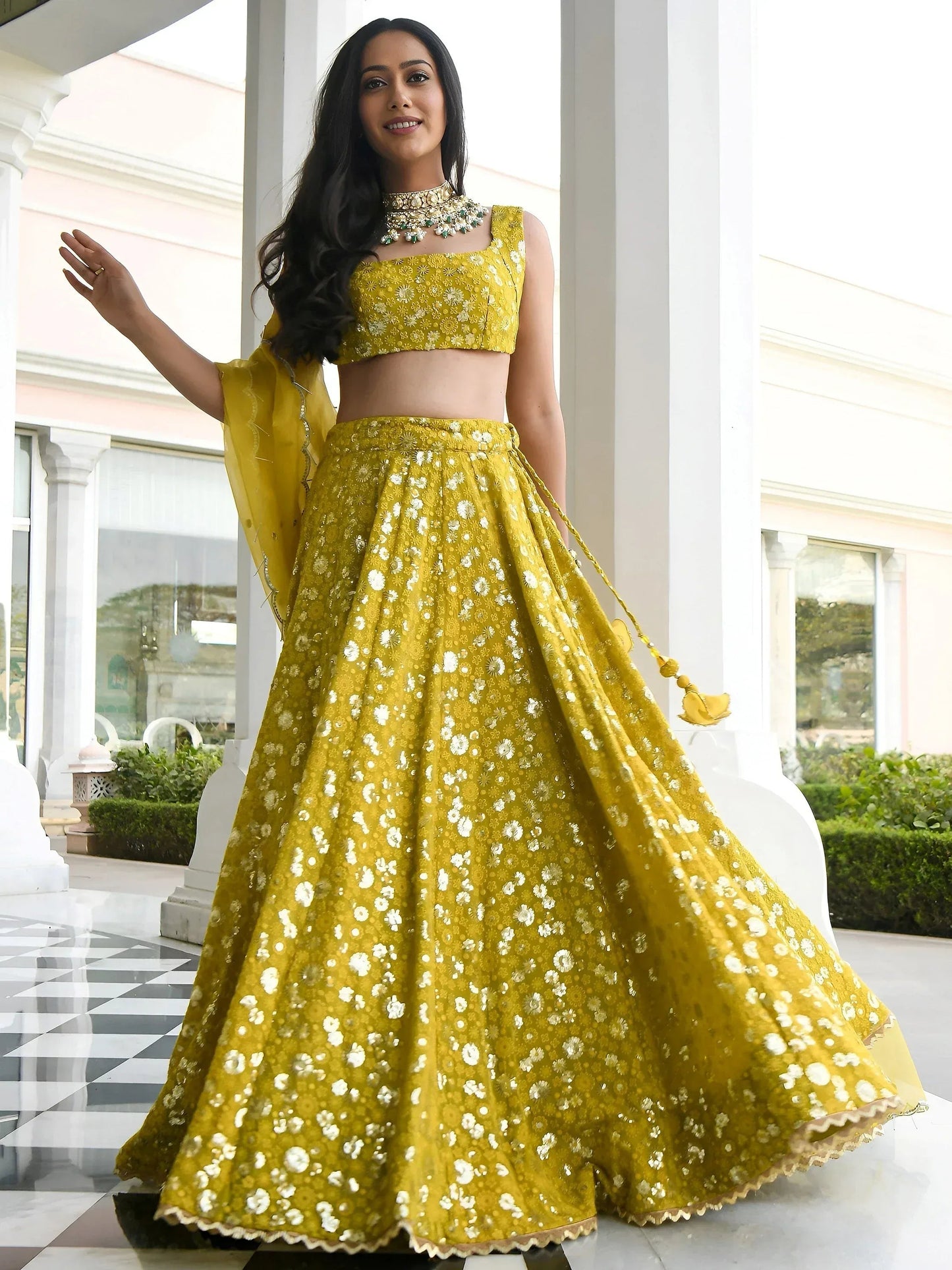 Tulsi Art Stunning Yellow Thread Embroidered Georgette Wedding Lehenga Choli