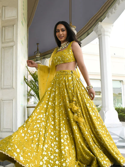 Tulsi Art Stunning Yellow Thread Embroidered Georgette Wedding Lehenga Choli