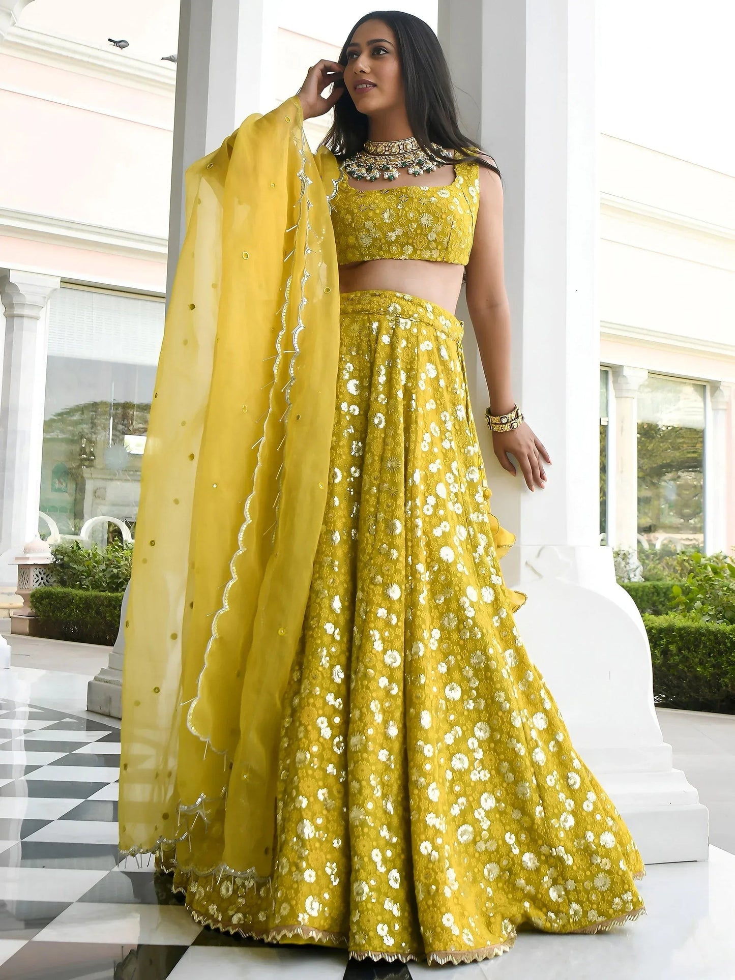 Tulsi Art Stunning Yellow Thread Embroidered Georgette Wedding Lehenga Choli