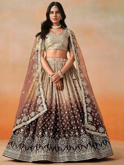 Tulsi Art Gorgeous Brown Georgette Zari Embroidered Lehenga Choli With Dupatta
