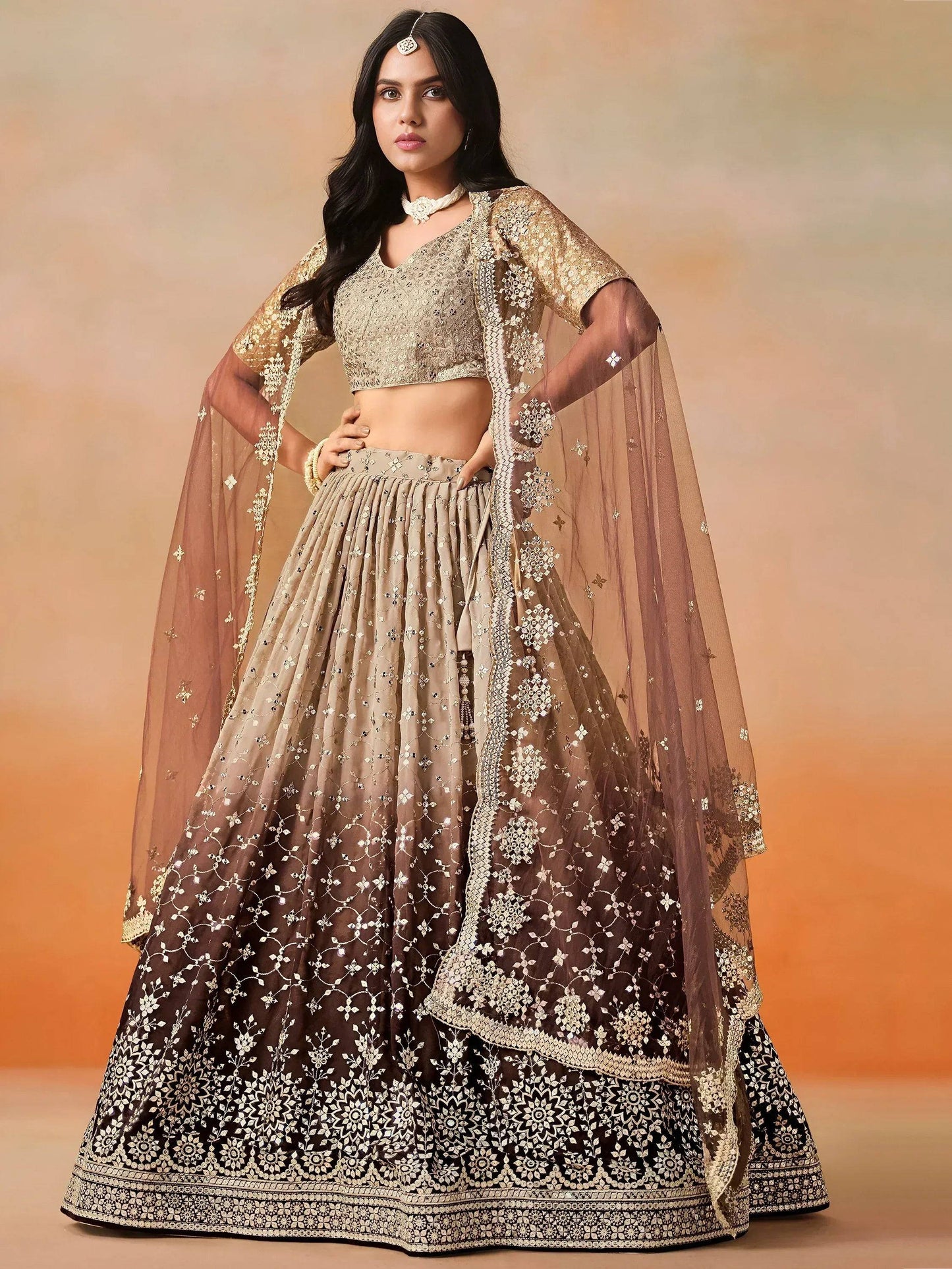 Tulsi Art Gorgeous Brown Georgette Zari Embroidered Lehenga Choli With Dupatta
