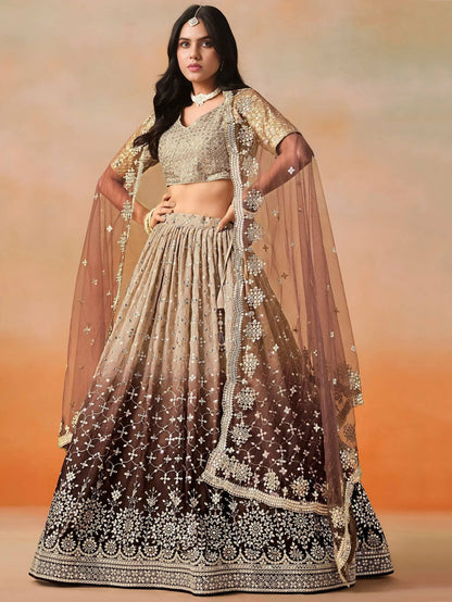 Tulsi Art Gorgeous Brown Georgette Zari Embroidered Lehenga Choli With Dupatta